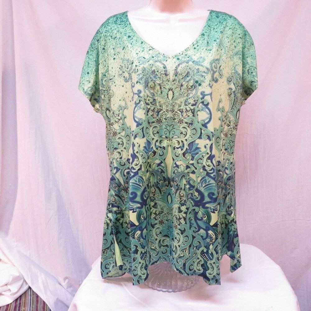Energe Shirt Top Blouse Rhinestone Bling Boho Glam Paisley  Green Tones  Size XL